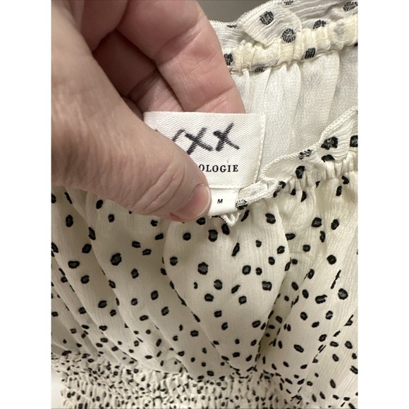Anthropologie Blouse Women's Sz M Cream Black Swiss Dot Smocked Off the Shoulder - Picture 2 of 7
